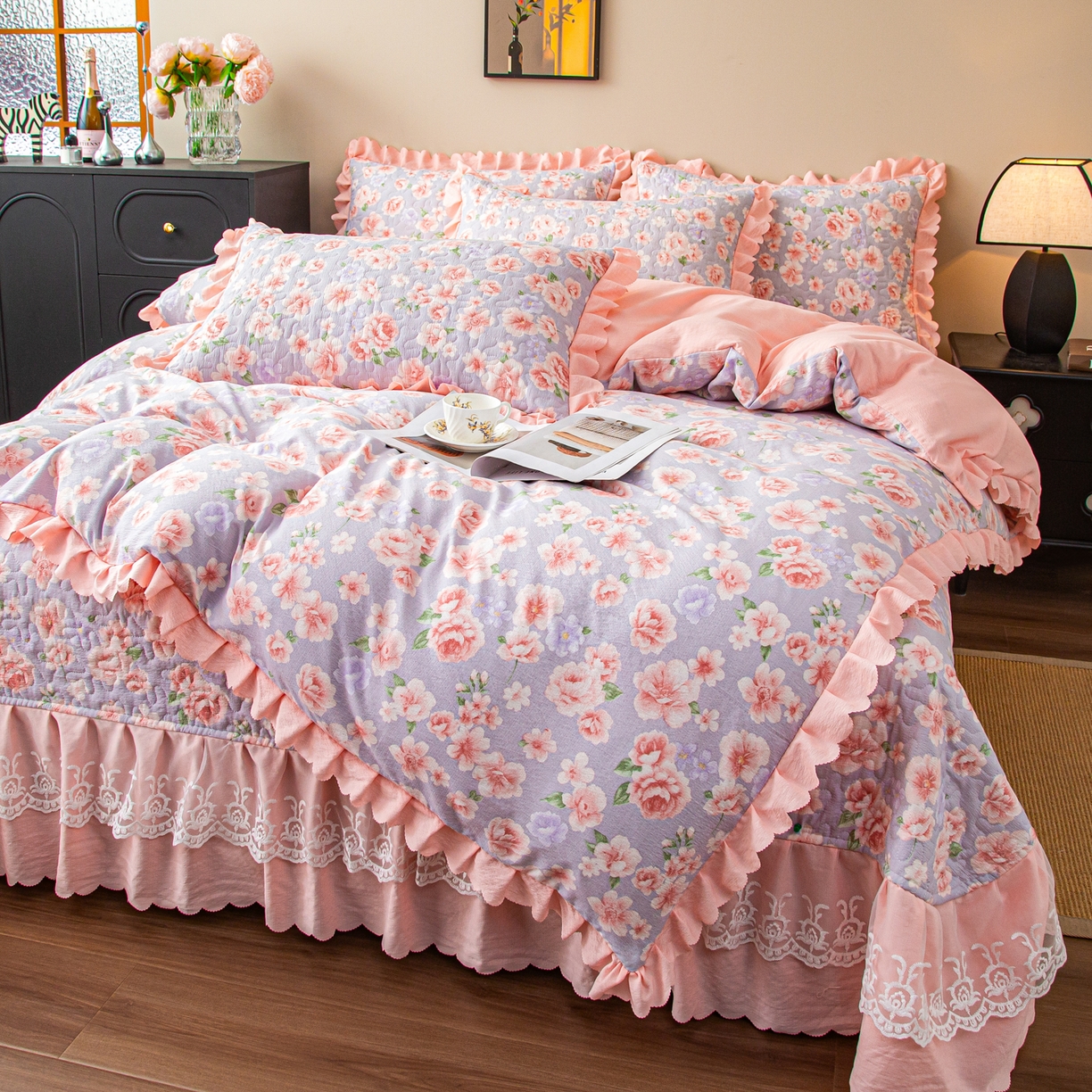 91家纺网 家纺一手货源 找家纺 美之润家纺 2026新款原麻夹棉床盖四件套 粉雾玫瑰