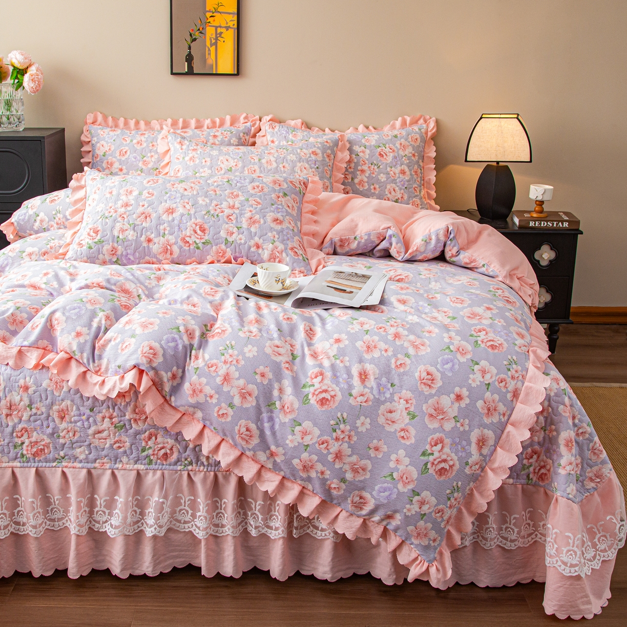 91家纺网 家纺一手货源 找家纺 美之润家纺 2026新款原麻夹棉床盖四件套 粉雾玫瑰