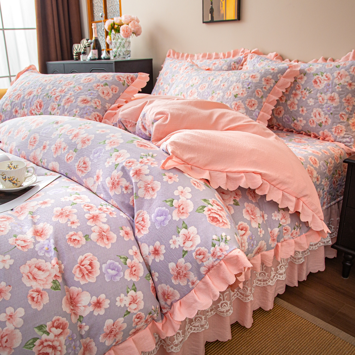 91家纺网 家纺一手货源 找家纺 美之润家纺 2026新款原麻夹棉床盖四件套 粉雾玫瑰