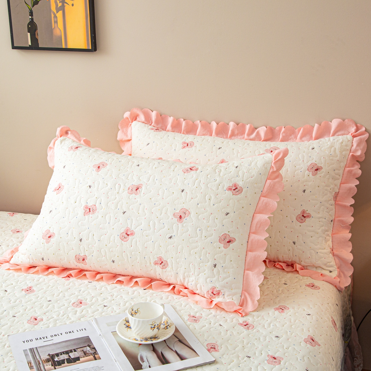 91家纺网 家纺一手货源 找家纺 美之润家纺 2026新款原麻夹棉床盖四件套 粉樱奶白