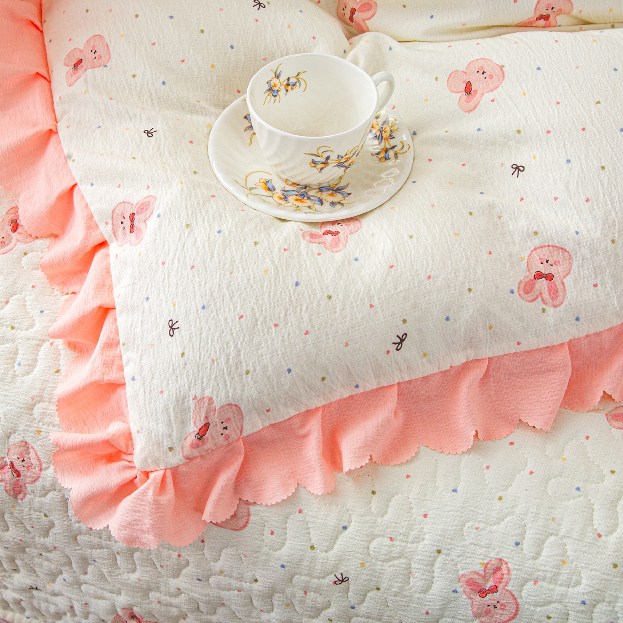 91家纺网 家纺一手货源 找家纺 美之润家纺 2026新款原麻夹棉床盖四件套 粉樱奶白