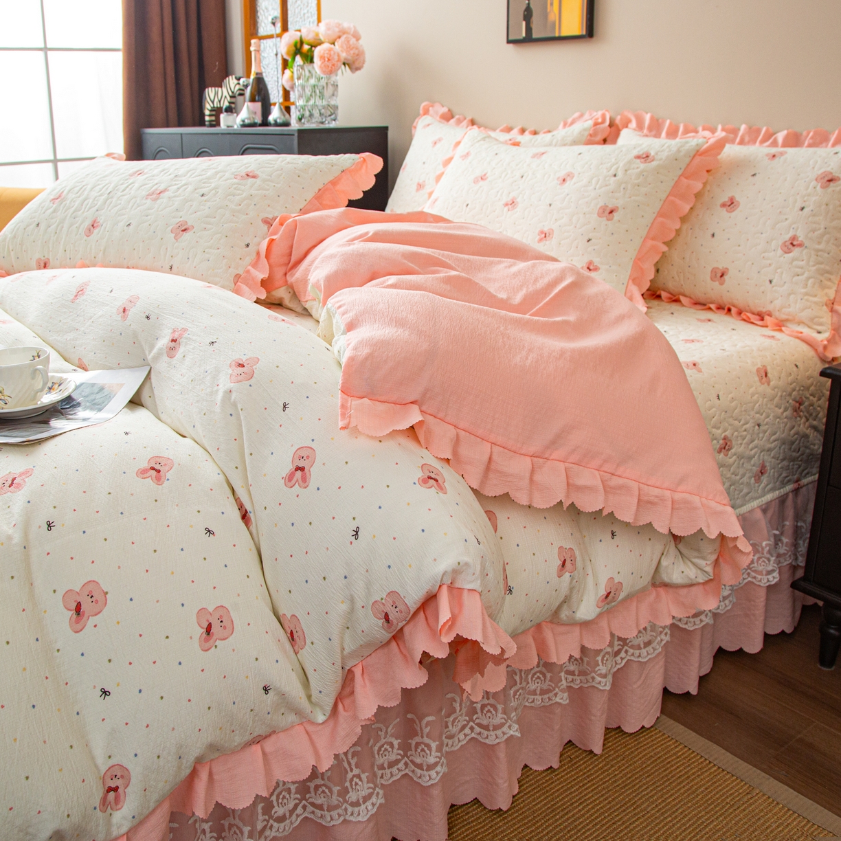 91家纺网 家纺一手货源 找家纺 美之润家纺 2026新款原麻夹棉床盖四件套 粉樱奶白