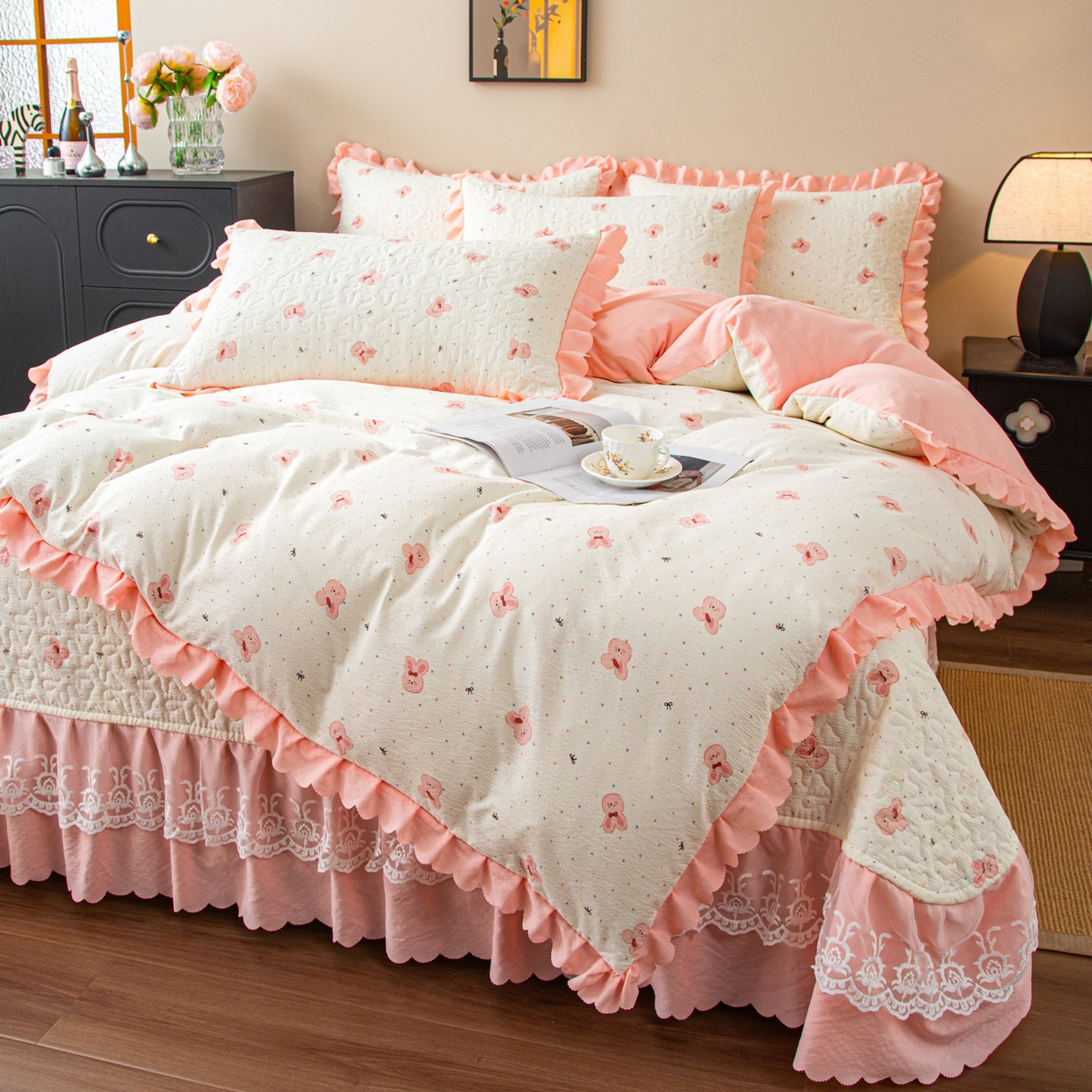 91家纺网 家纺一手货源 找家纺 美之润家纺 2026新款原麻夹棉床盖四件套 粉樱奶白