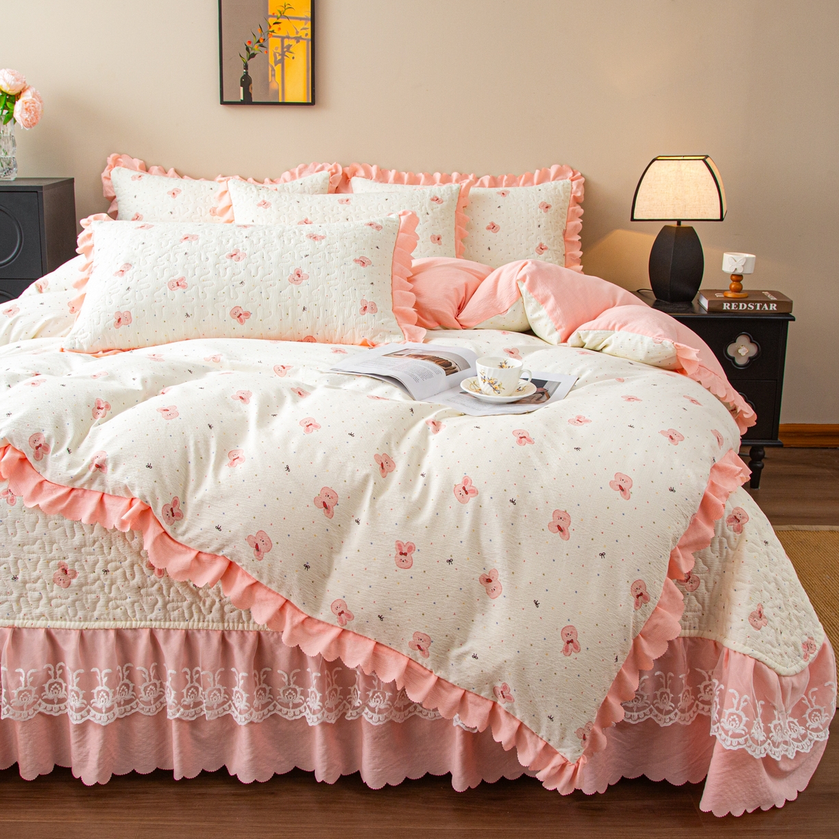 91家纺网 家纺一手货源 找家纺 美之润家纺 2026新款原麻夹棉床盖四件套 粉樱奶白