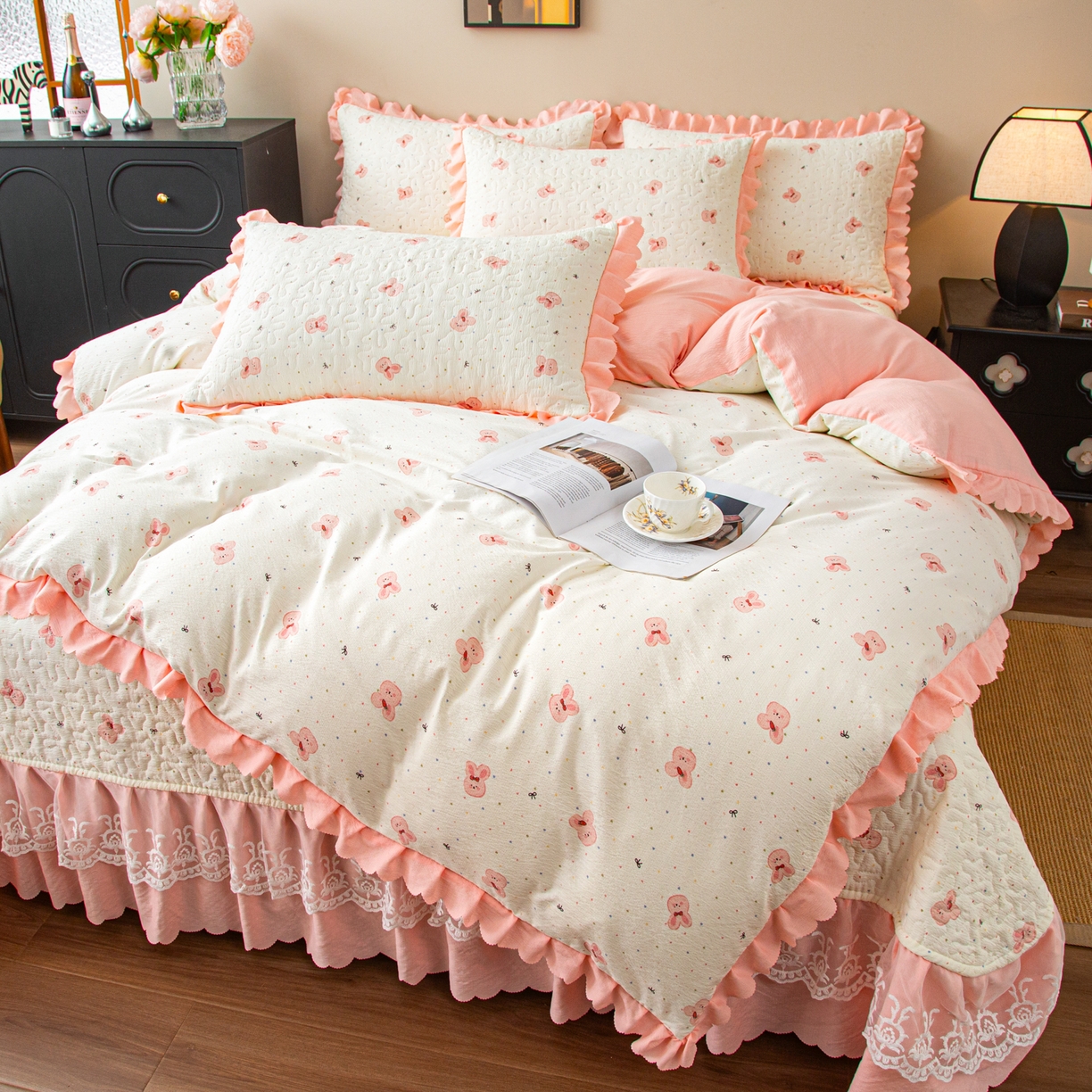 91家纺网 家纺一手货源 找家纺 美之润家纺 2026新款原麻夹棉床盖四件套 粉樱奶白