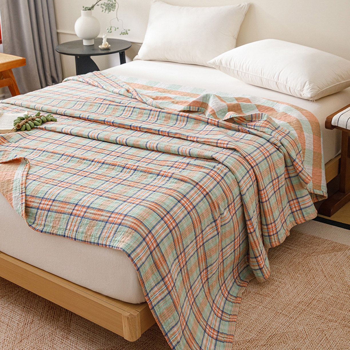 91家纺网 家纺一手货源 找家纺 悦然毛巾被 2026春夏新款全棉纯棉三层纱水洗毛巾被夏被夏凉被空调被 彩格绿