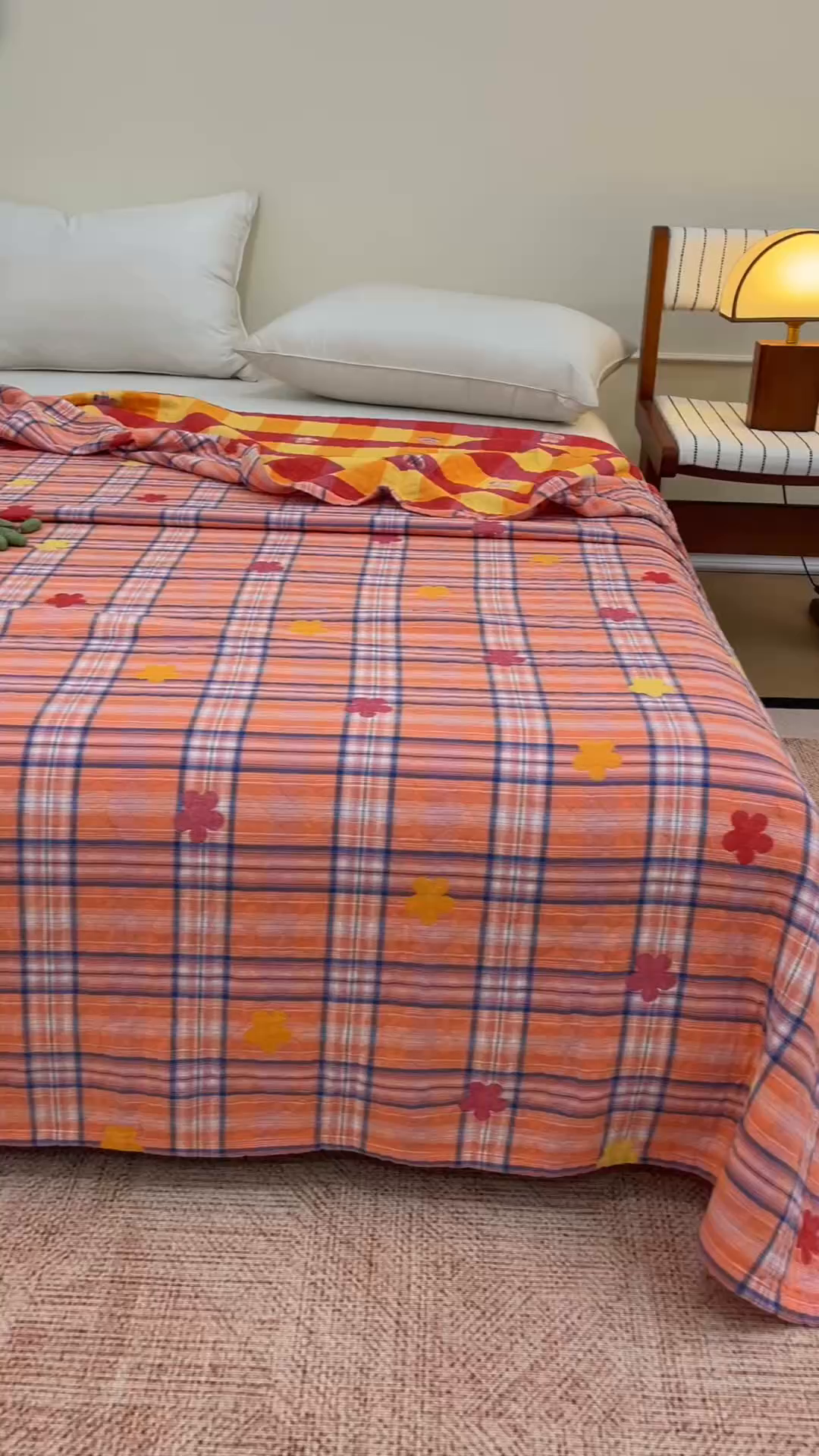 91家纺网 家纺一手货源 找家纺 悦然毛巾被 2026春夏新款全棉纯棉三层纱水洗毛巾被夏被夏凉被空调被 彩格小花橙