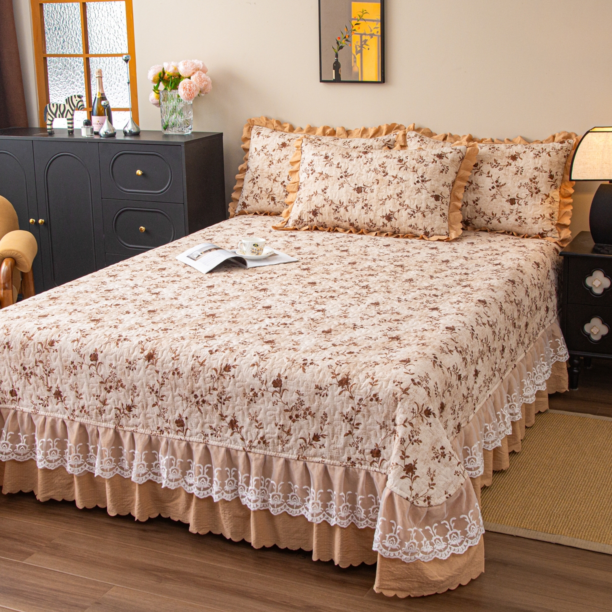 91家纺网 家纺一手货源 找家纺 美之润家纺 2026新款原麻夹棉床盖四件套 暖棕花意