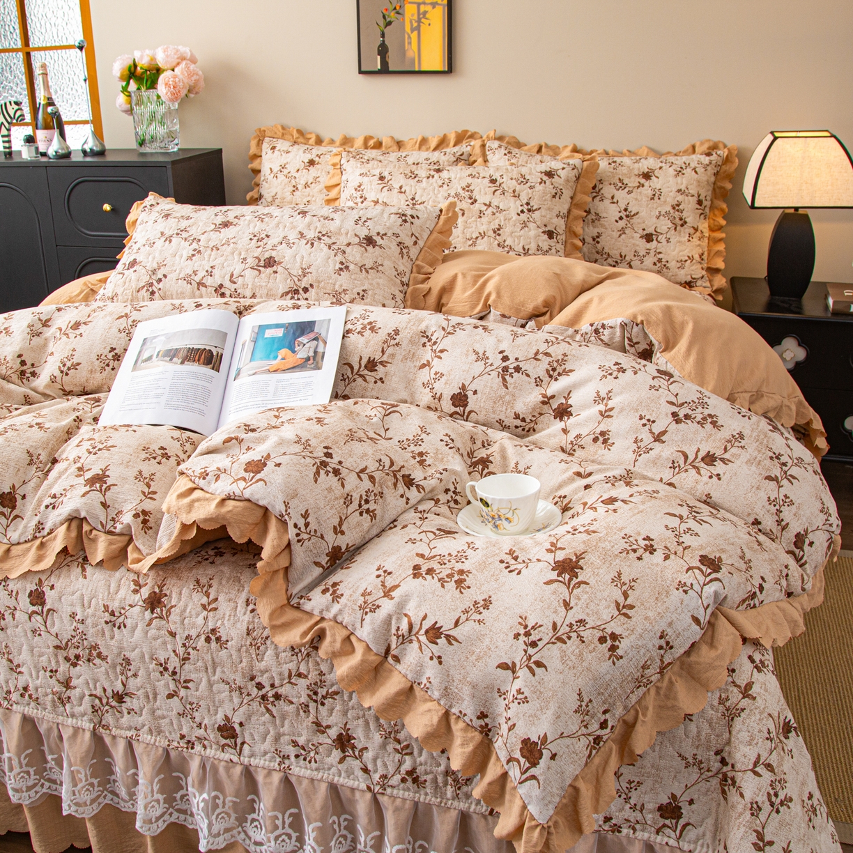 91家纺网 家纺一手货源 找家纺 美之润家纺 2026新款原麻夹棉床盖四件套 暖棕花意