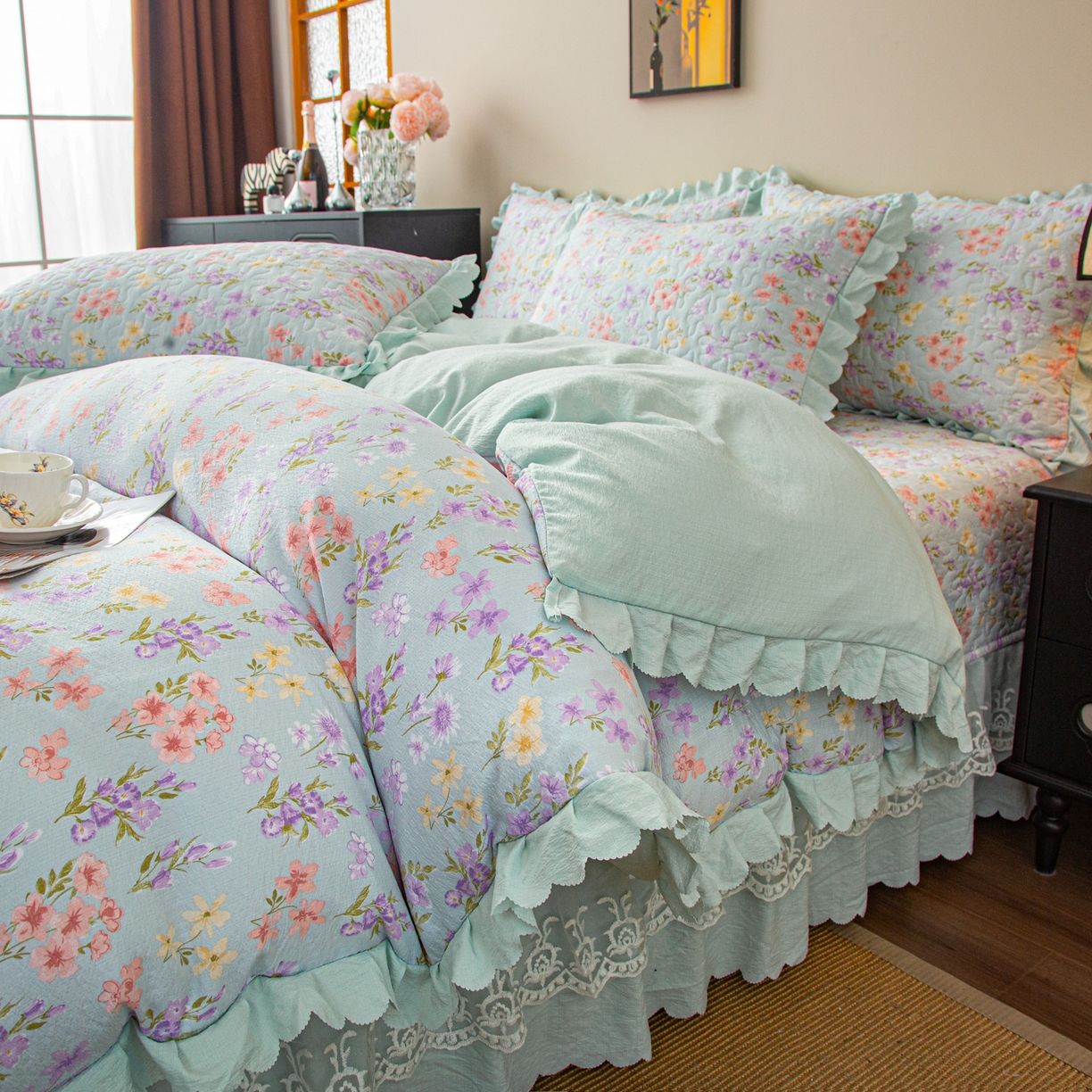 91家纺网 家纺一手货源 找家纺 美之润家纺 2026新款原麻夹棉床盖四件套 浅蓝花野