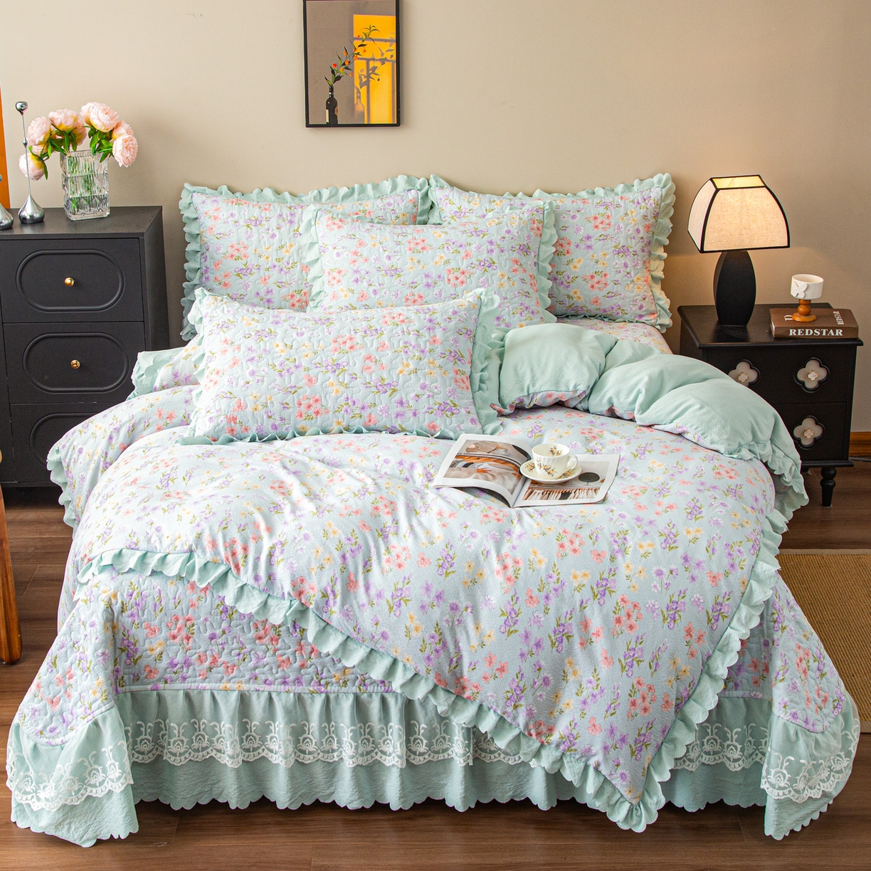 美之润家纺 2026新款原麻夹棉床盖四件套 浅蓝花野