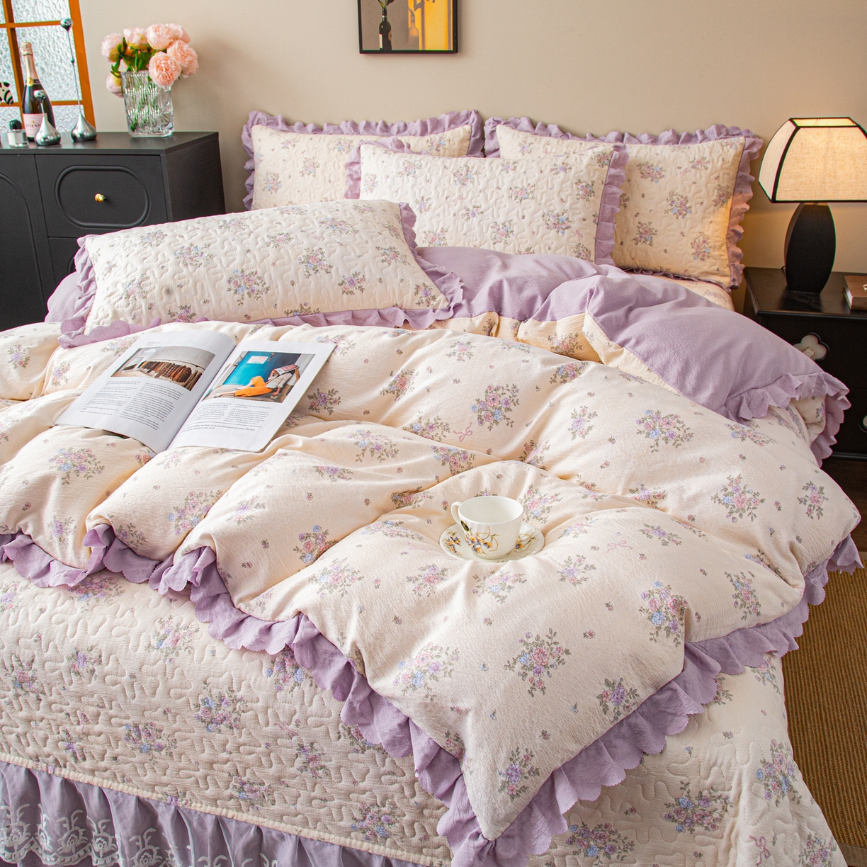 91家纺网 家纺一手货源 找家纺 美之润家纺 2026新款原麻夹棉床盖四件套 浅紫花笺