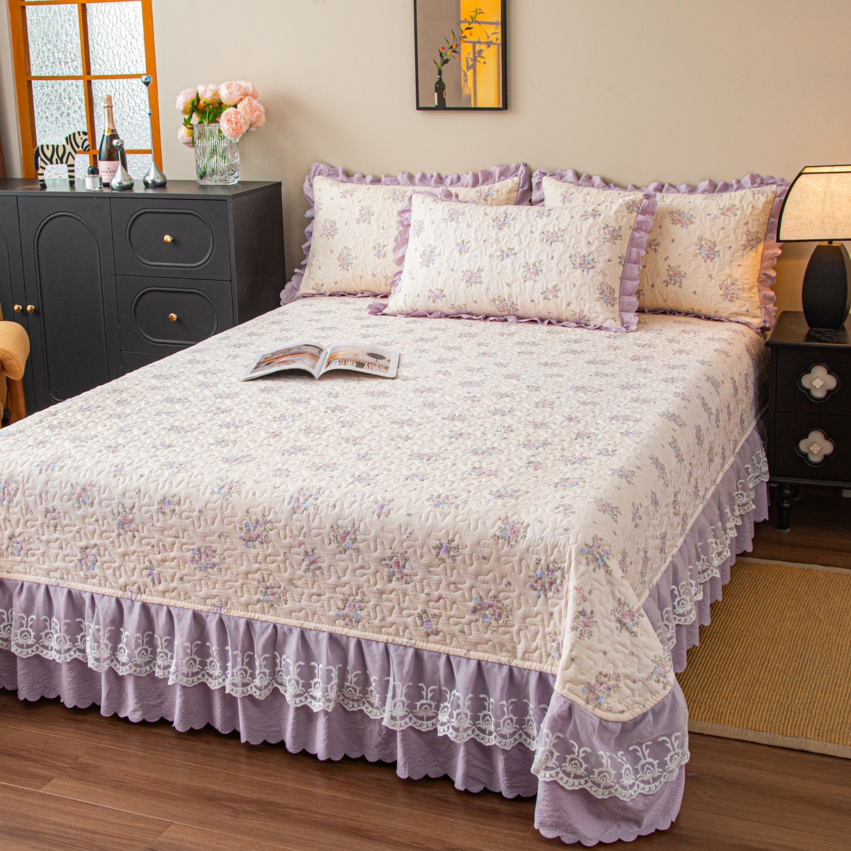 91家纺网 家纺一手货源 找家纺 美之润家纺 2026新款原麻夹棉床盖四件套 浅紫花笺