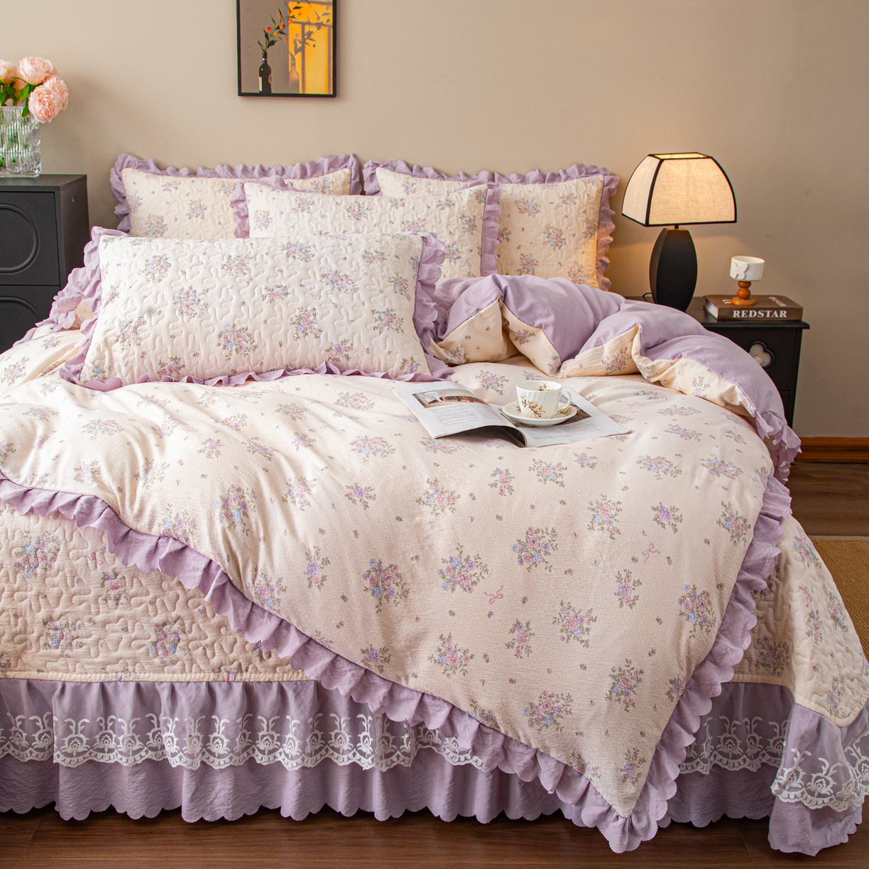 91家纺网 家纺一手货源 找家纺 美之润家纺 2026新款原麻夹棉床盖四件套 浅紫花笺