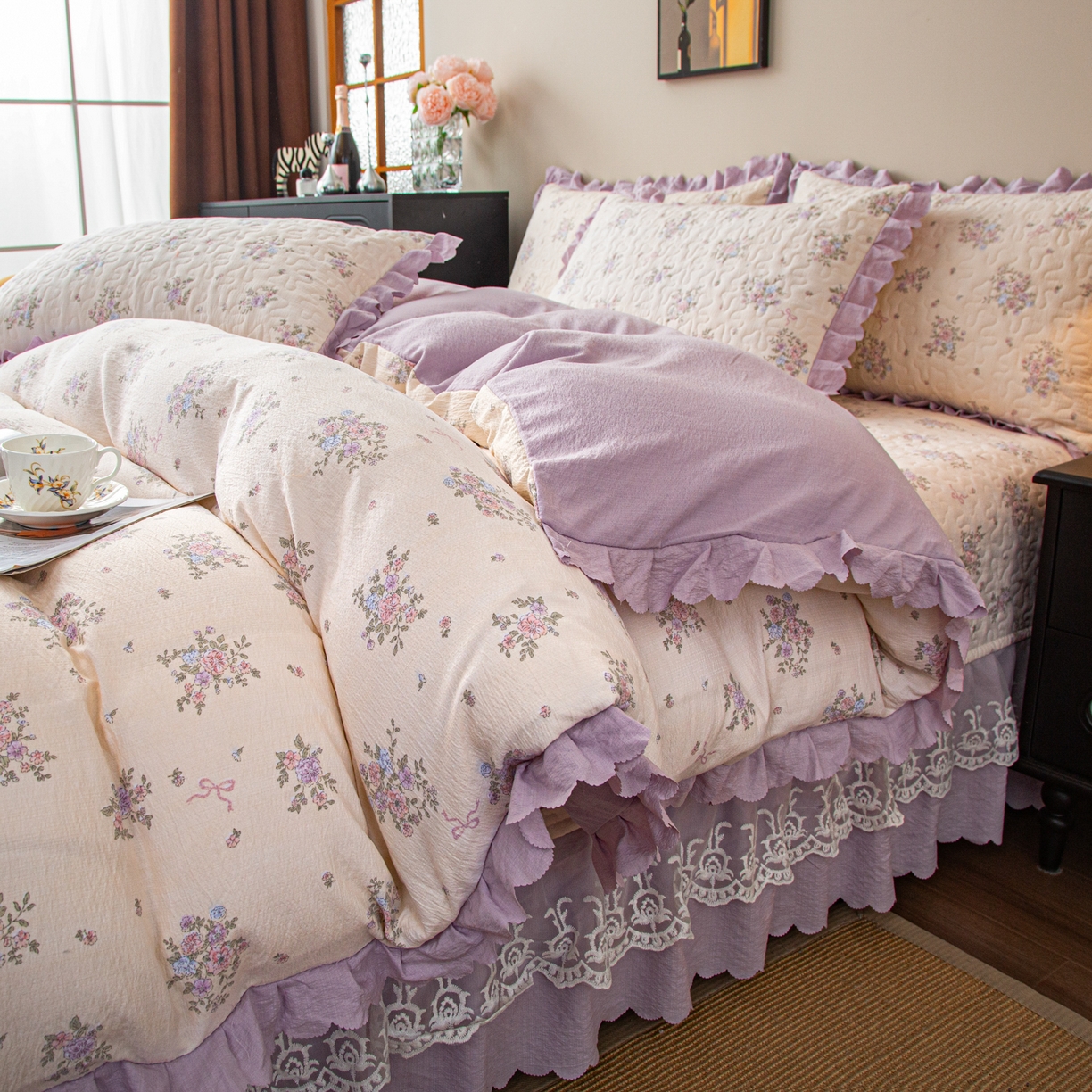 91家纺网 家纺一手货源 找家纺 美之润家纺 2026新款原麻夹棉床盖四件套 浅紫花笺