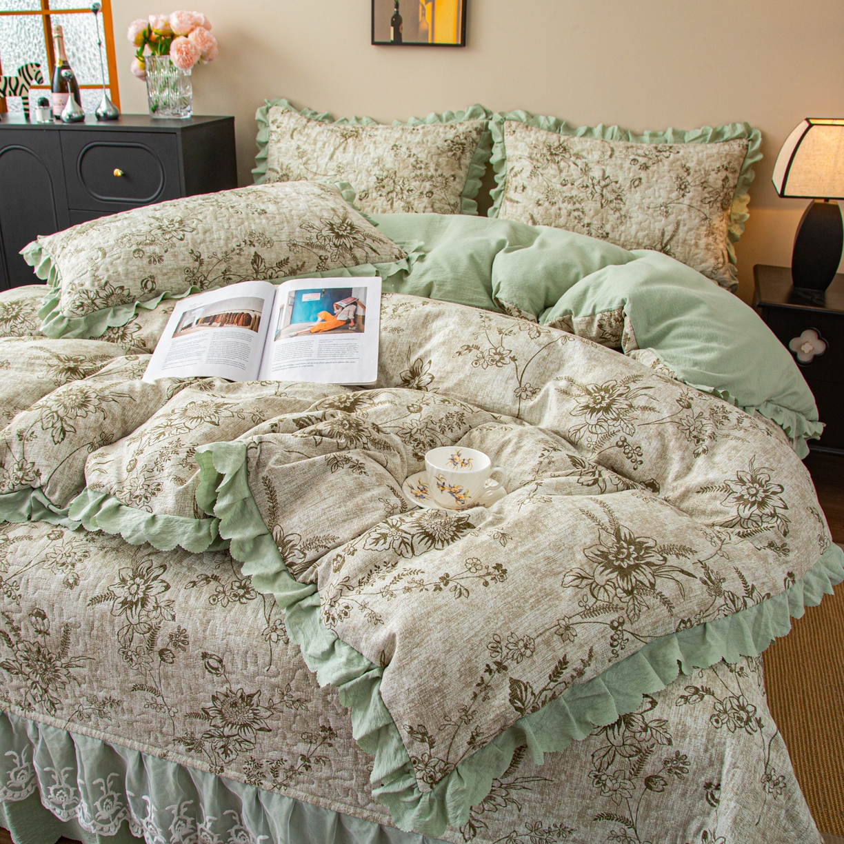 91家纺网 家纺一手货源 找家纺 美之润家纺 2026新款原麻夹棉床盖四件套 青雾松影