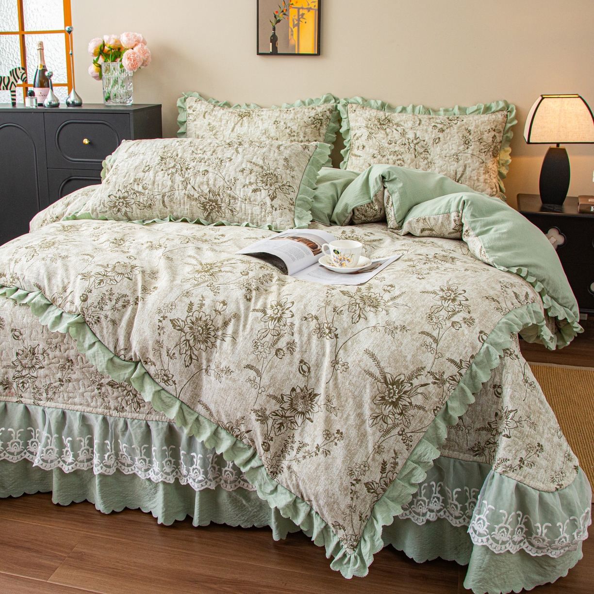 91家纺网 家纺一手货源 找家纺 美之润家纺 2026新款原麻夹棉床盖四件套 青雾松影