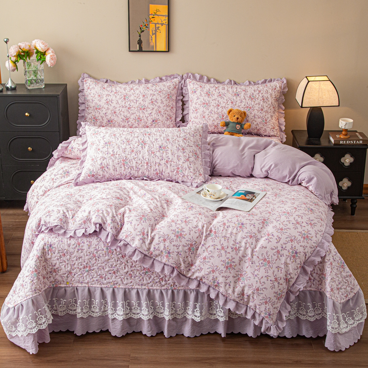 美之润家纺 2026新款原麻夹棉床盖四件套 柔紫花簇