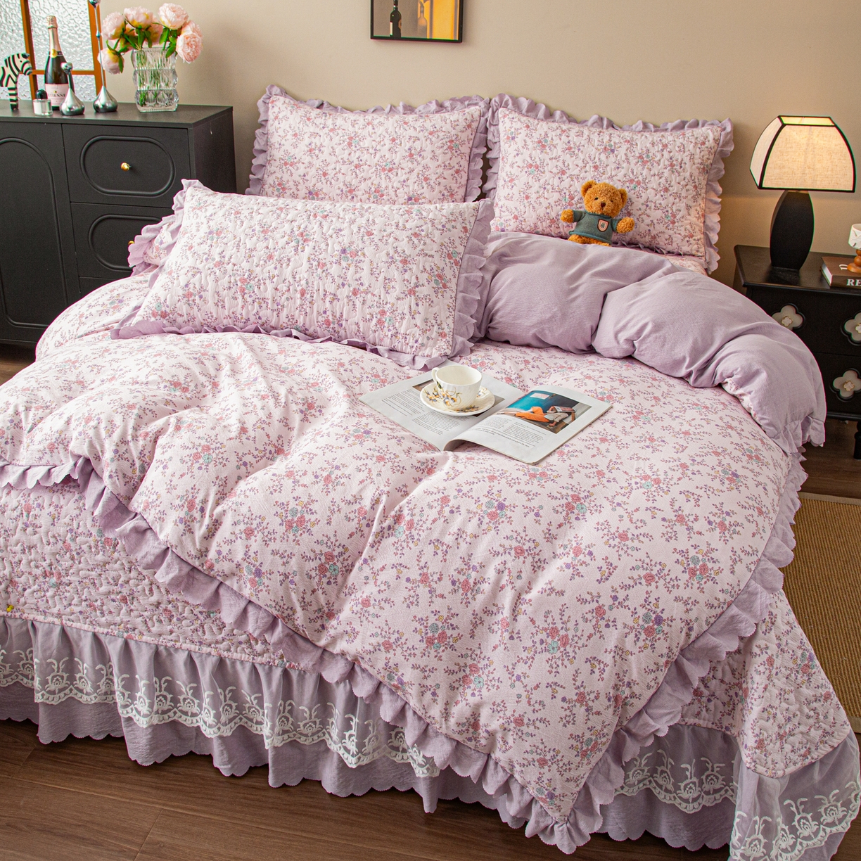 91家纺网 家纺一手货源 找家纺 美之润家纺 2026新款原麻夹棉床盖四件套 柔紫花簇