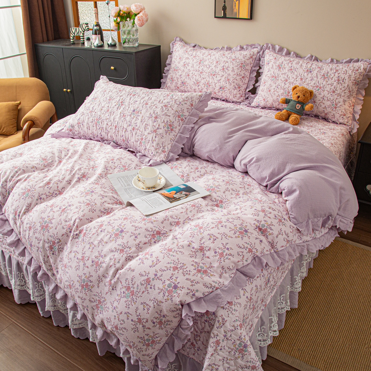 91家纺网 家纺一手货源 找家纺 美之润家纺 2026新款原麻夹棉床盖四件套 柔紫花簇