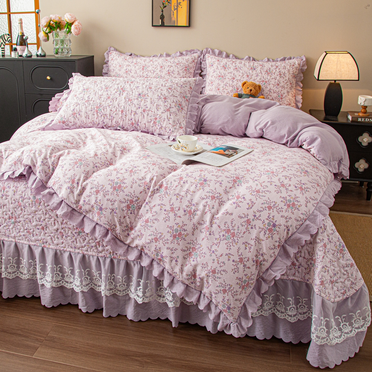 91家纺网 家纺一手货源 找家纺 美之润家纺 2026新款原麻夹棉床盖四件套 柔紫花簇