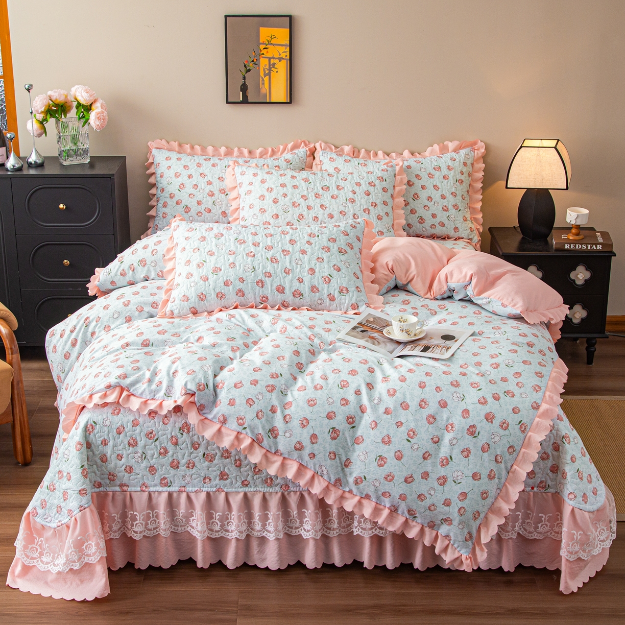 美之润家纺 2026新款原麻夹棉床盖四件套 桃桃冰沙