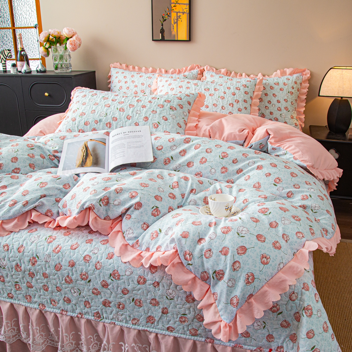 91家纺网 家纺一手货源 找家纺 美之润家纺 2026新款原麻夹棉床盖四件套 桃桃冰沙