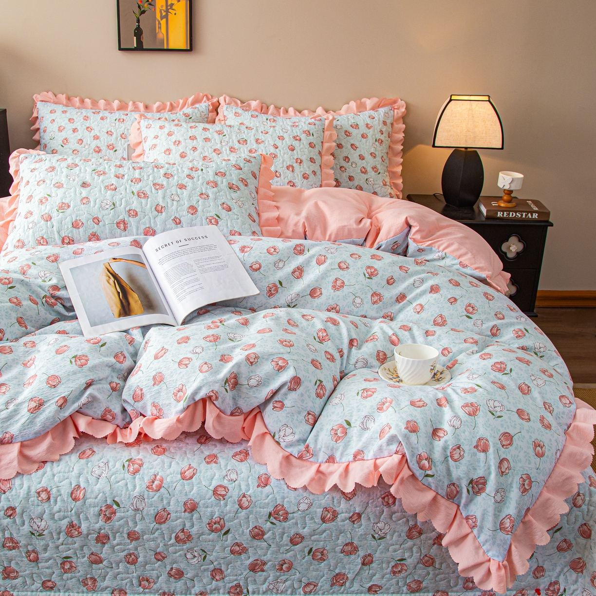 91家纺网 家纺一手货源 找家纺 美之润家纺 2026新款原麻夹棉床盖四件套 桃桃冰沙