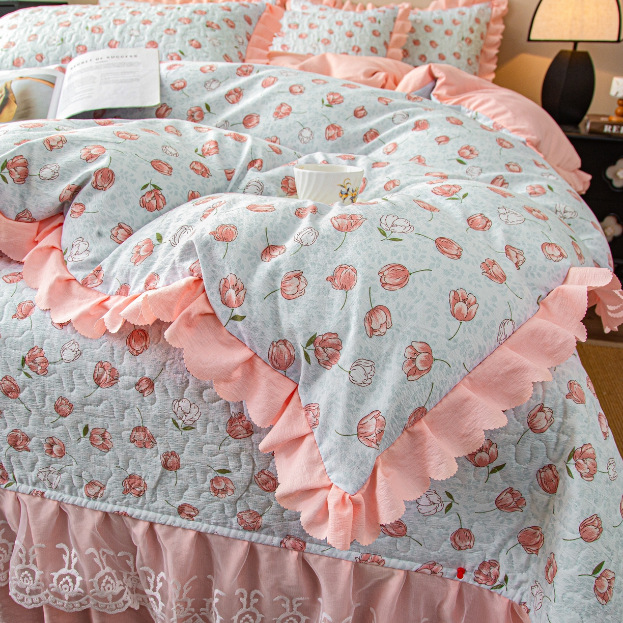 91家纺网 家纺一手货源 找家纺 美之润家纺 2026新款原麻夹棉床盖四件套 桃桃冰沙