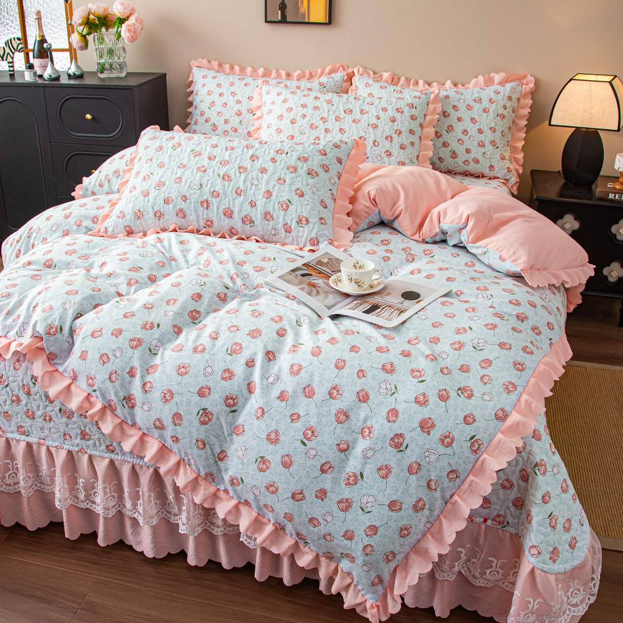 91家纺网 家纺一手货源 找家纺 美之润家纺 2026新款原麻夹棉床盖四件套 桃桃冰沙