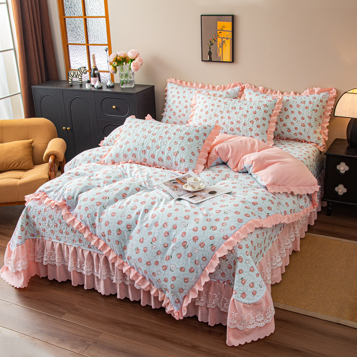 91家纺网 家纺一手货源 找家纺 美之润家纺 2026新款原麻夹棉床盖四件套 桃桃冰沙