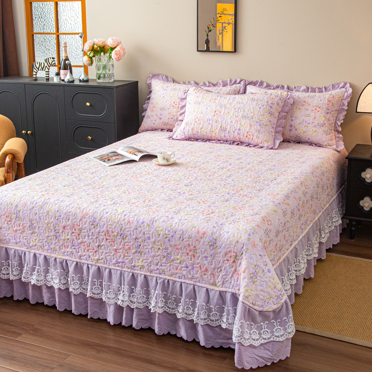 91家纺网 家纺一手货源 找家纺 美之润家纺 2026新款原麻夹棉床盖四件套 薰衣草信