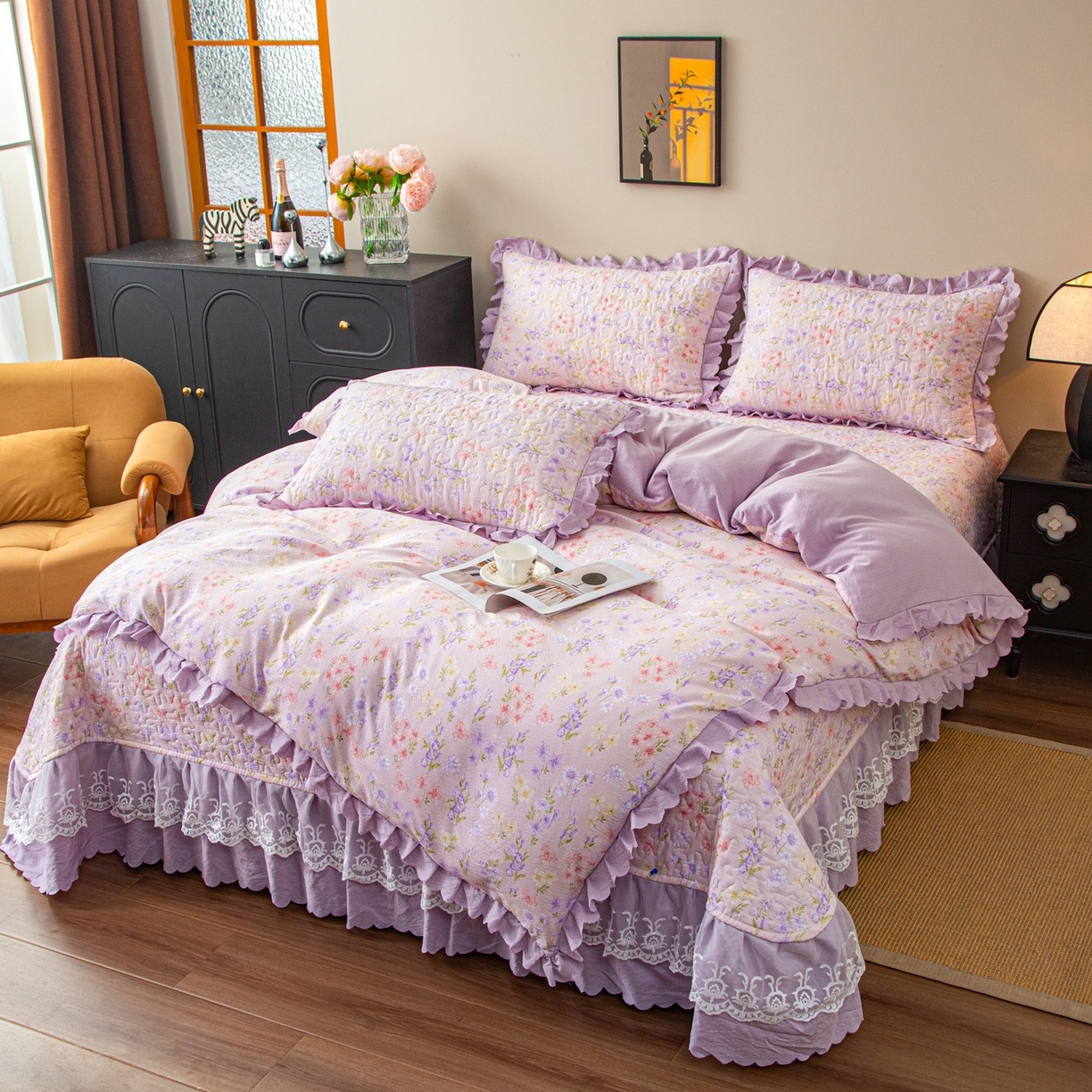 91家纺网 家纺一手货源 找家纺 美之润家纺 2026新款原麻夹棉床盖四件套 薰衣草信