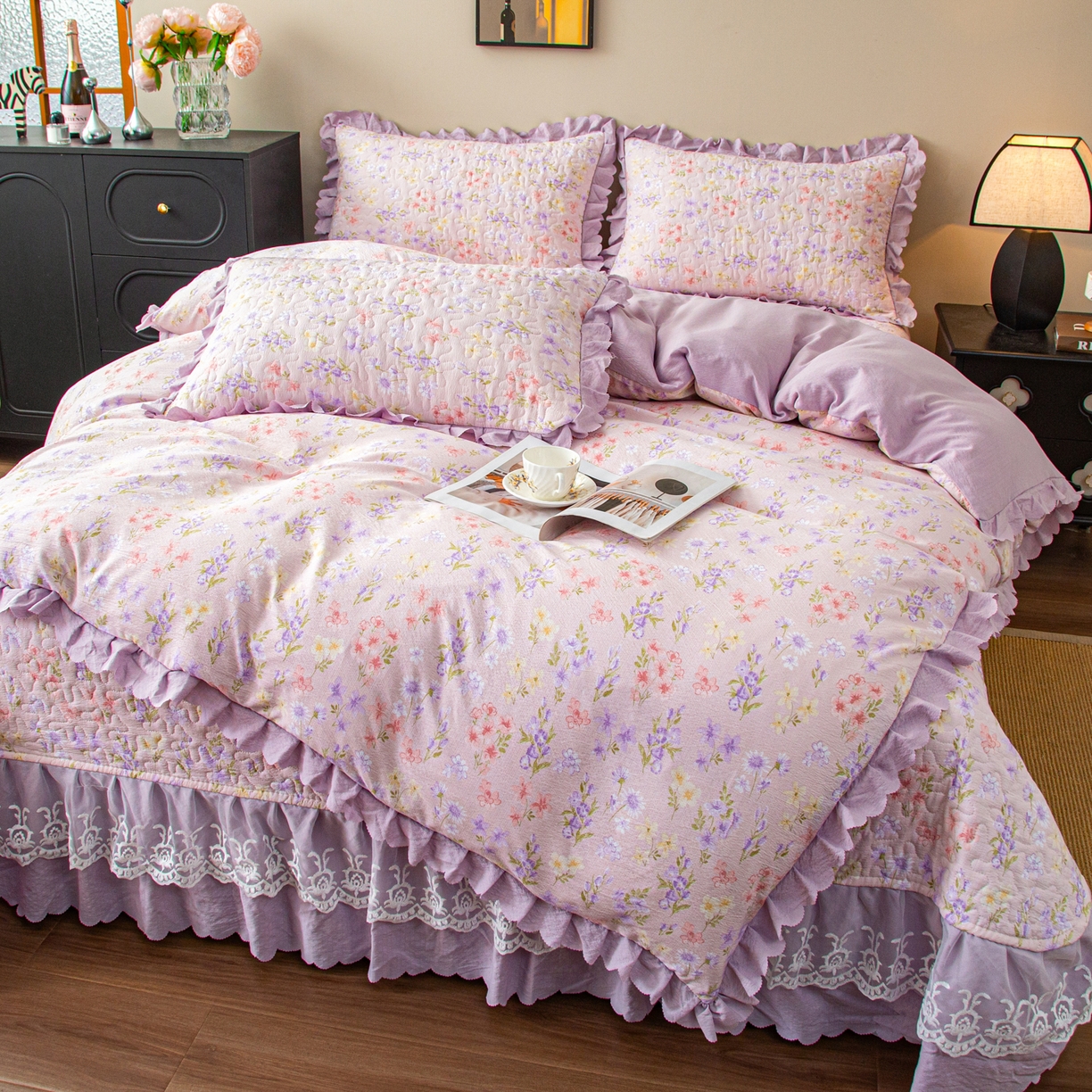 91家纺网 家纺一手货源 找家纺 美之润家纺 2026新款原麻夹棉床盖四件套 薰衣草信