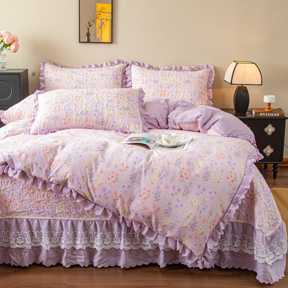 91家纺网 家纺一手货源 找家纺 美之润家纺 2026新款原麻夹棉床盖四件套 薰衣草信