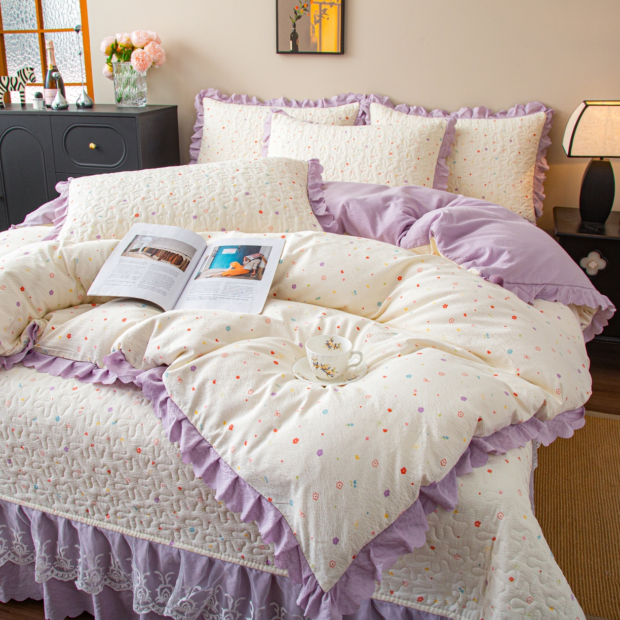 91家纺网 家纺一手货源 找家纺 美之润家纺 2026新款原麻夹棉床盖四件套 紫星碎梦