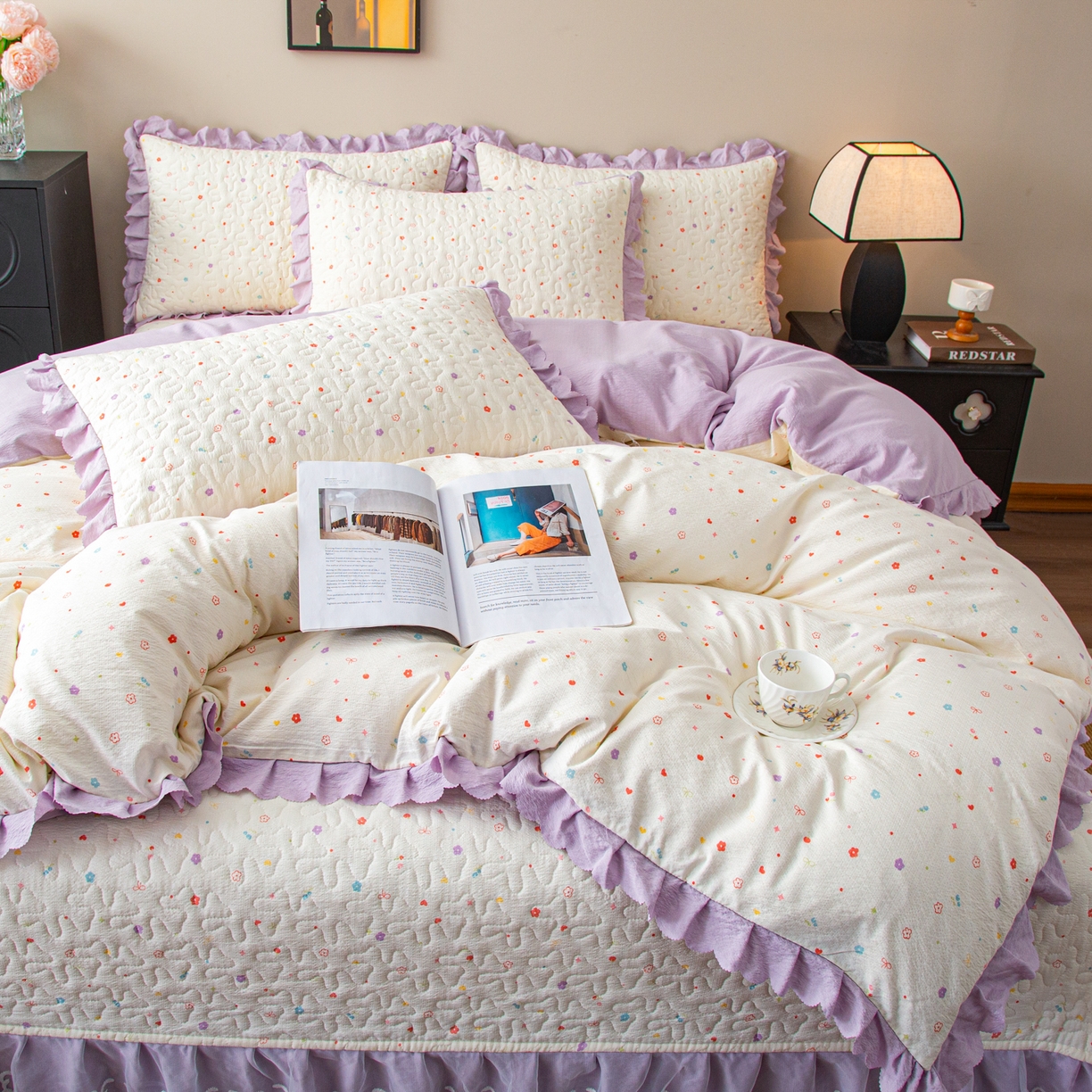 91家纺网 家纺一手货源 找家纺 美之润家纺 2026新款原麻夹棉床盖四件套 紫星碎梦