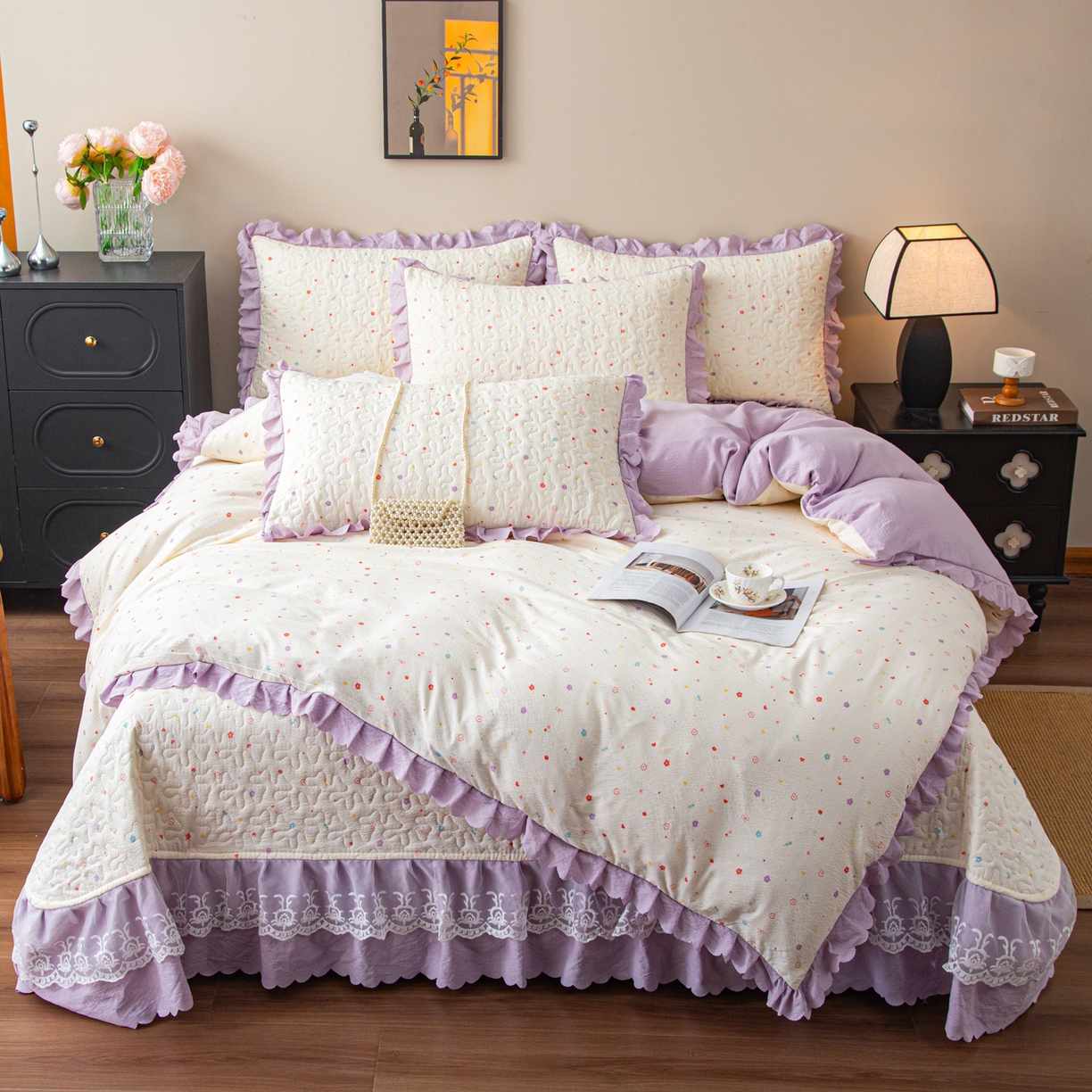 美之润家纺 2026新款原麻夹棉床盖四件套 紫星碎梦