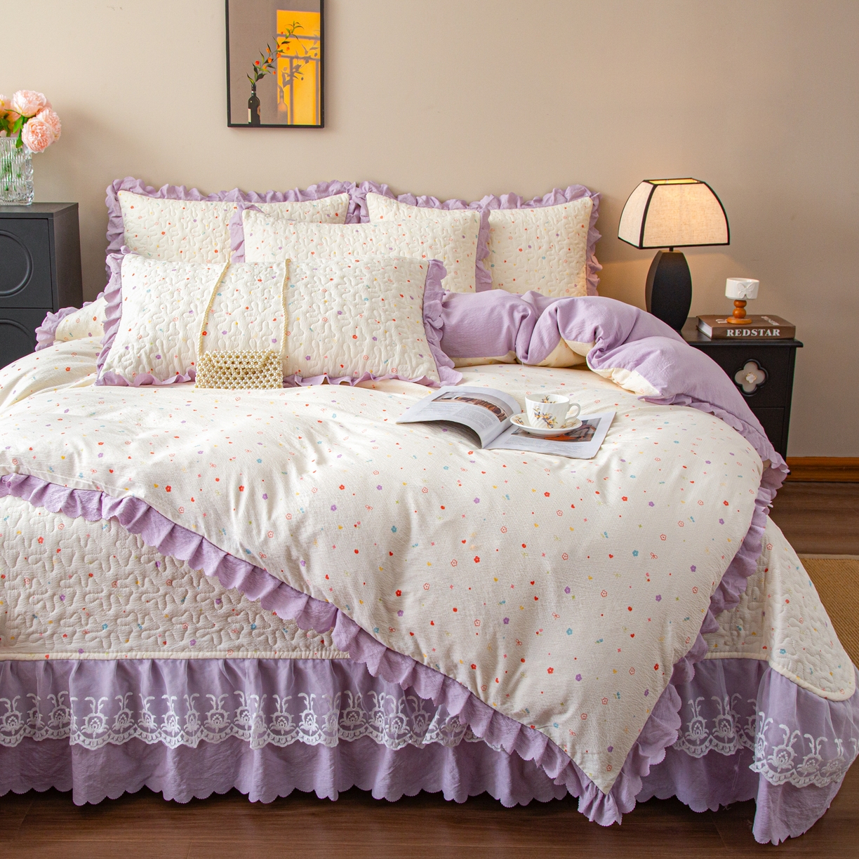 91家纺网 家纺一手货源 找家纺 美之润家纺 2026新款原麻夹棉床盖四件套 紫星碎梦