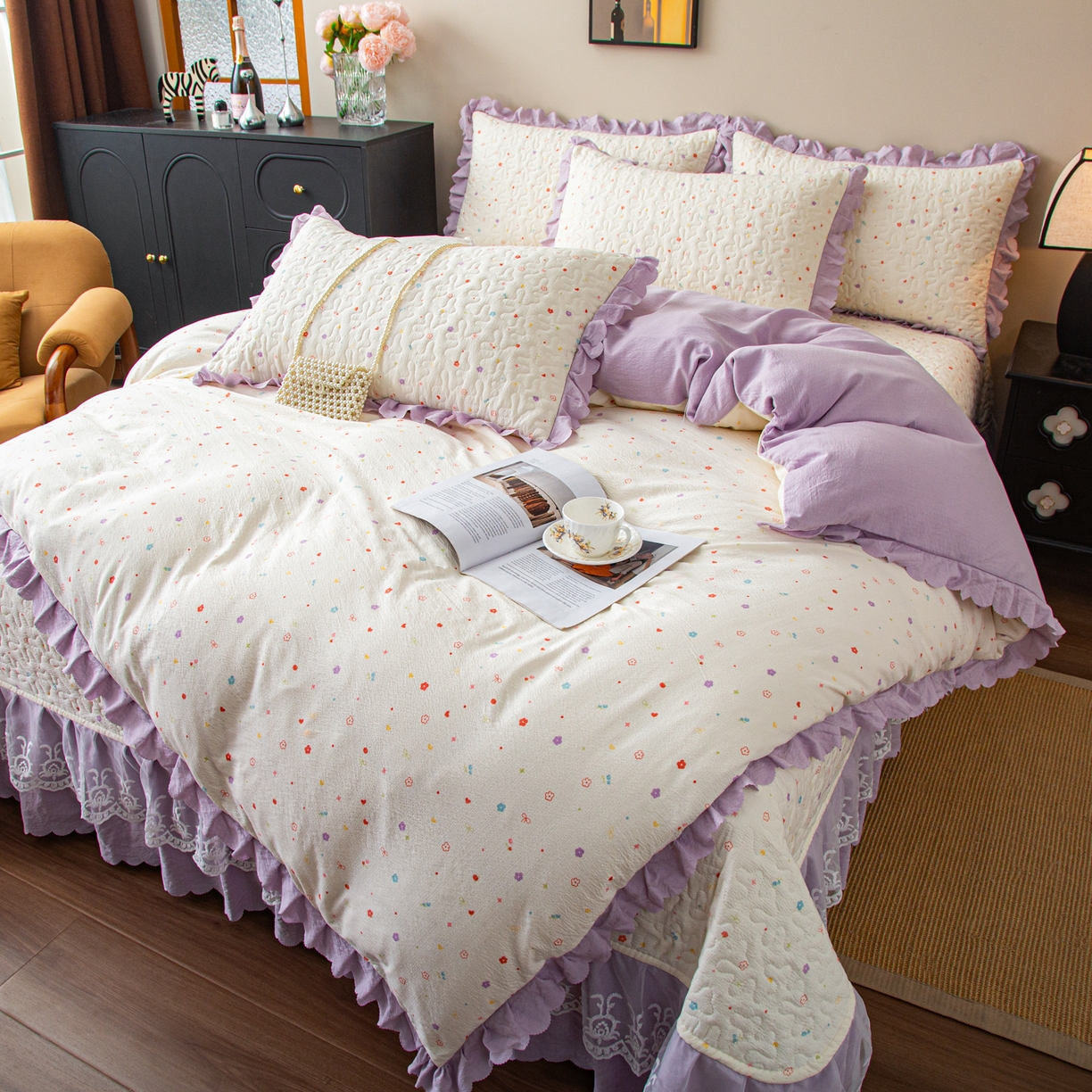 91家纺网 家纺一手货源 找家纺 美之润家纺 2026新款原麻夹棉床盖四件套 紫星碎梦