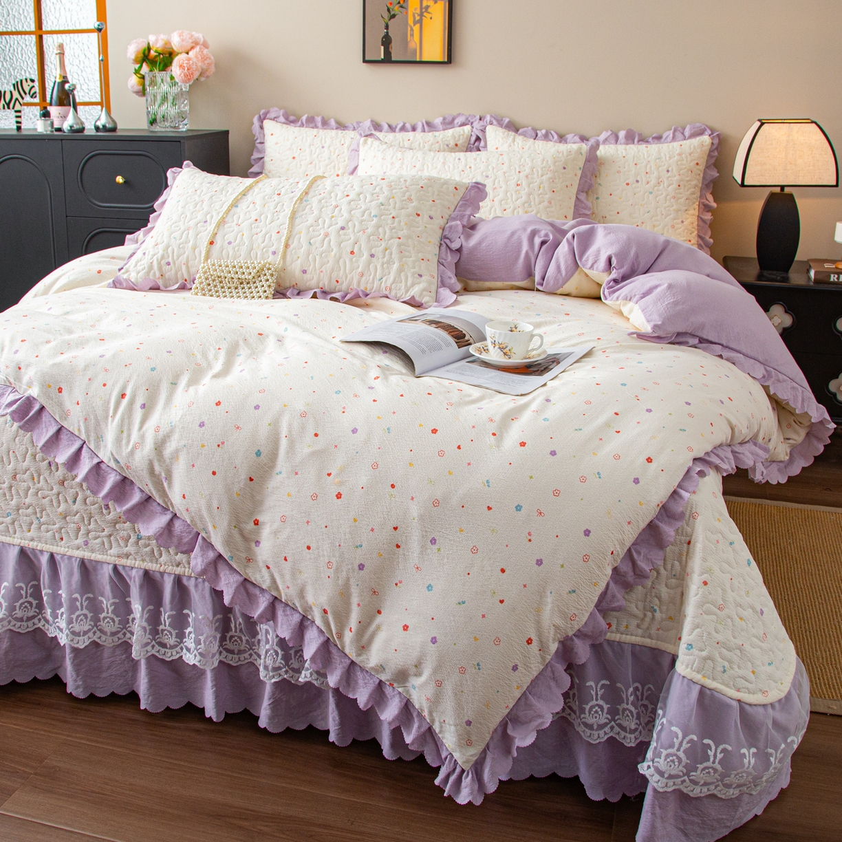 91家纺网 家纺一手货源 找家纺 美之润家纺 2026新款原麻夹棉床盖四件套 紫星碎梦