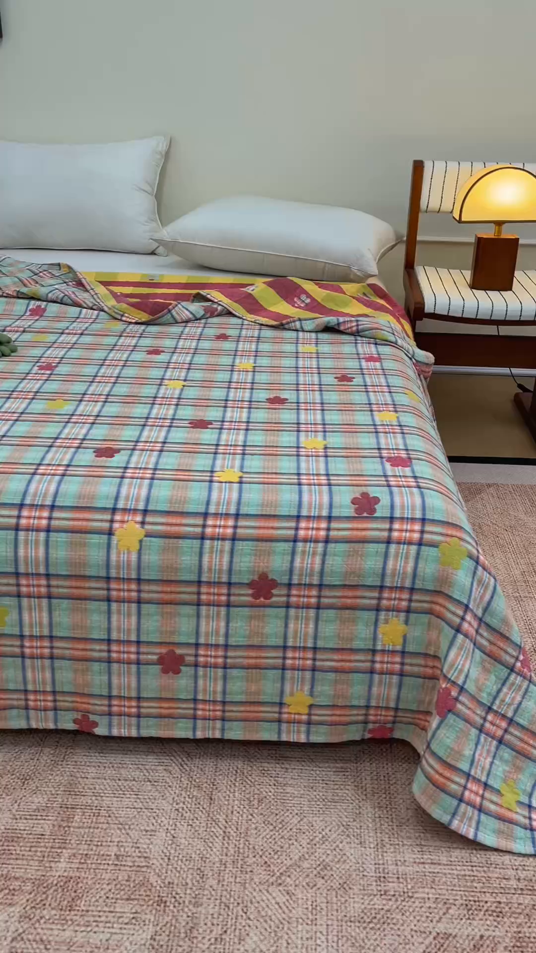 91家纺网 家纺一手货源 找家纺 悦然毛巾被 2026春夏新款全棉纯棉三层纱水洗毛巾被夏被夏凉被空调被 彩格小花绿