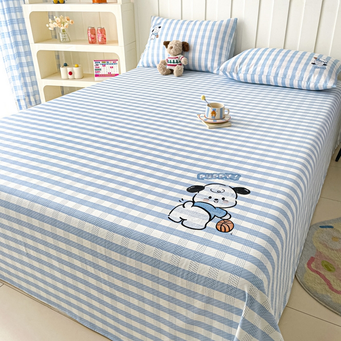 91家纺网 家纺一手货源 找家纺 雅居纺家纺 2026新款全棉绣花A类老粗布床单单件床单单品凉席席子 老粗布-篮球小狗