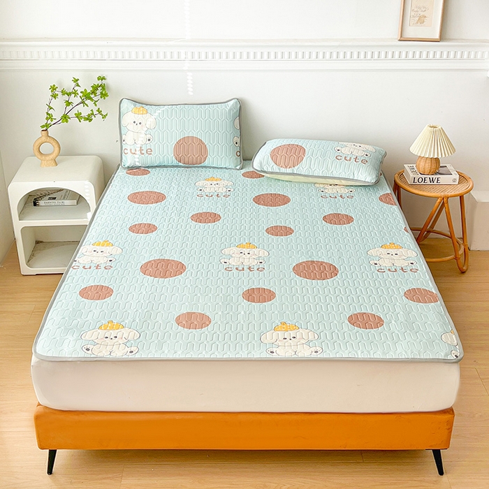 91家纺网 家纺一手货源 找家纺 悦织湾家纺 2026新款床单款乳胶席三件套印花纯色冰丝凉感夏凉乳胶席子 小可爱浅蓝