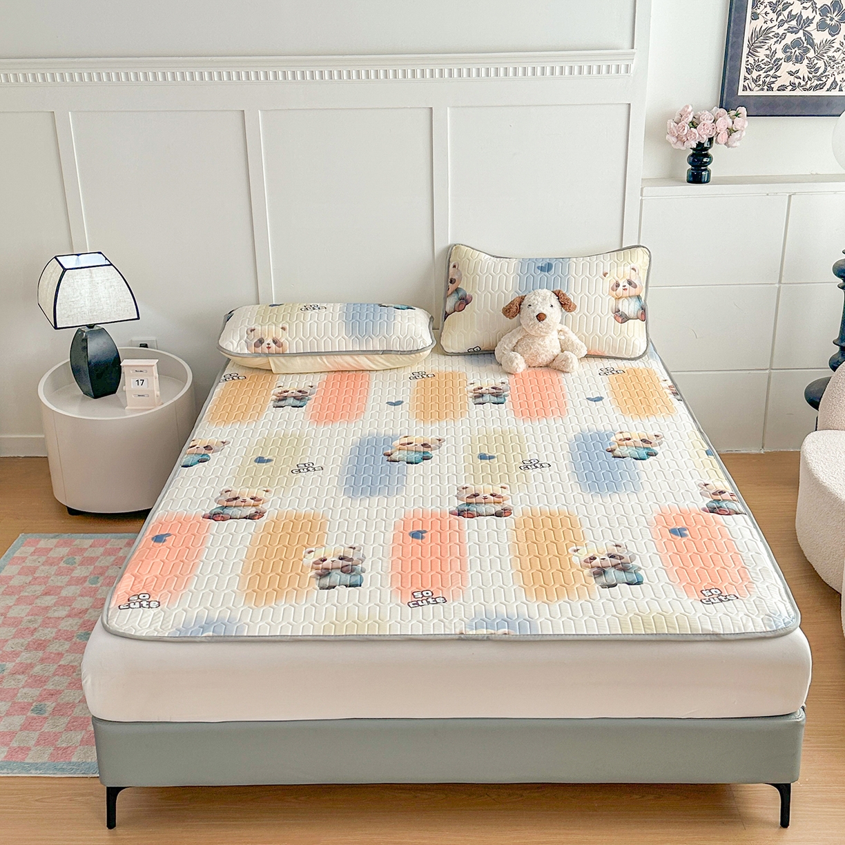 悦织湾家纺 2026新款床单款乳胶席三件套印花纯色冰丝凉感夏凉乳胶席子 爱心熊