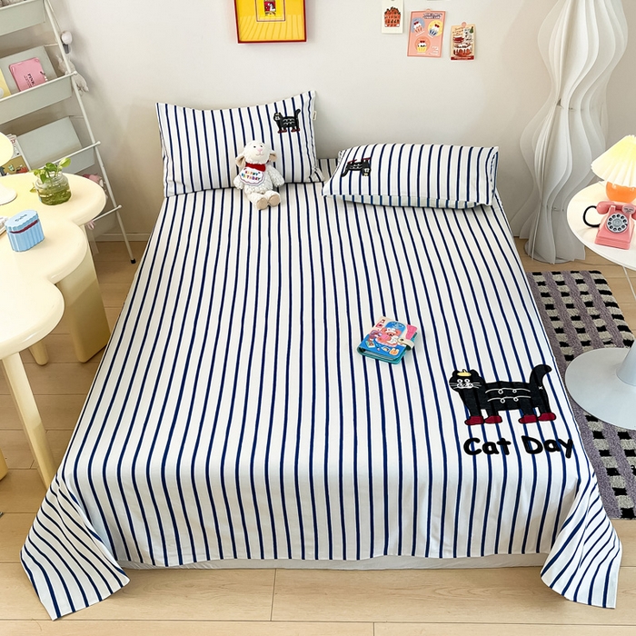 雅居纺家纺 2026新款全棉绣花A类老粗布床单单件床单单品凉席席子 老粗布-小猫咪