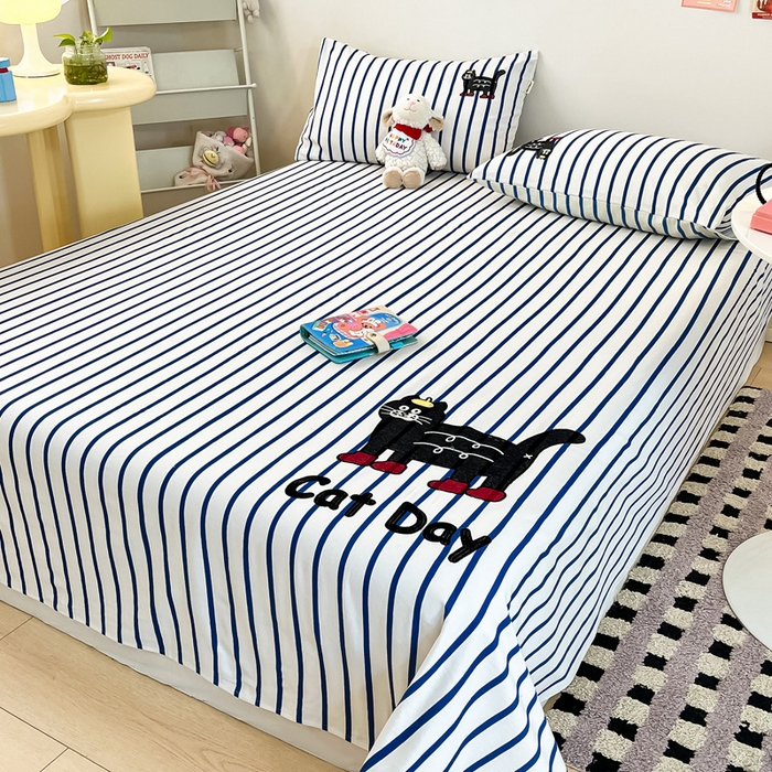 91家纺网 家纺一手货源 找家纺 雅居纺家纺 2026新款全棉绣花A类老粗布床单单件床单单品凉席席子 老粗布-小猫咪