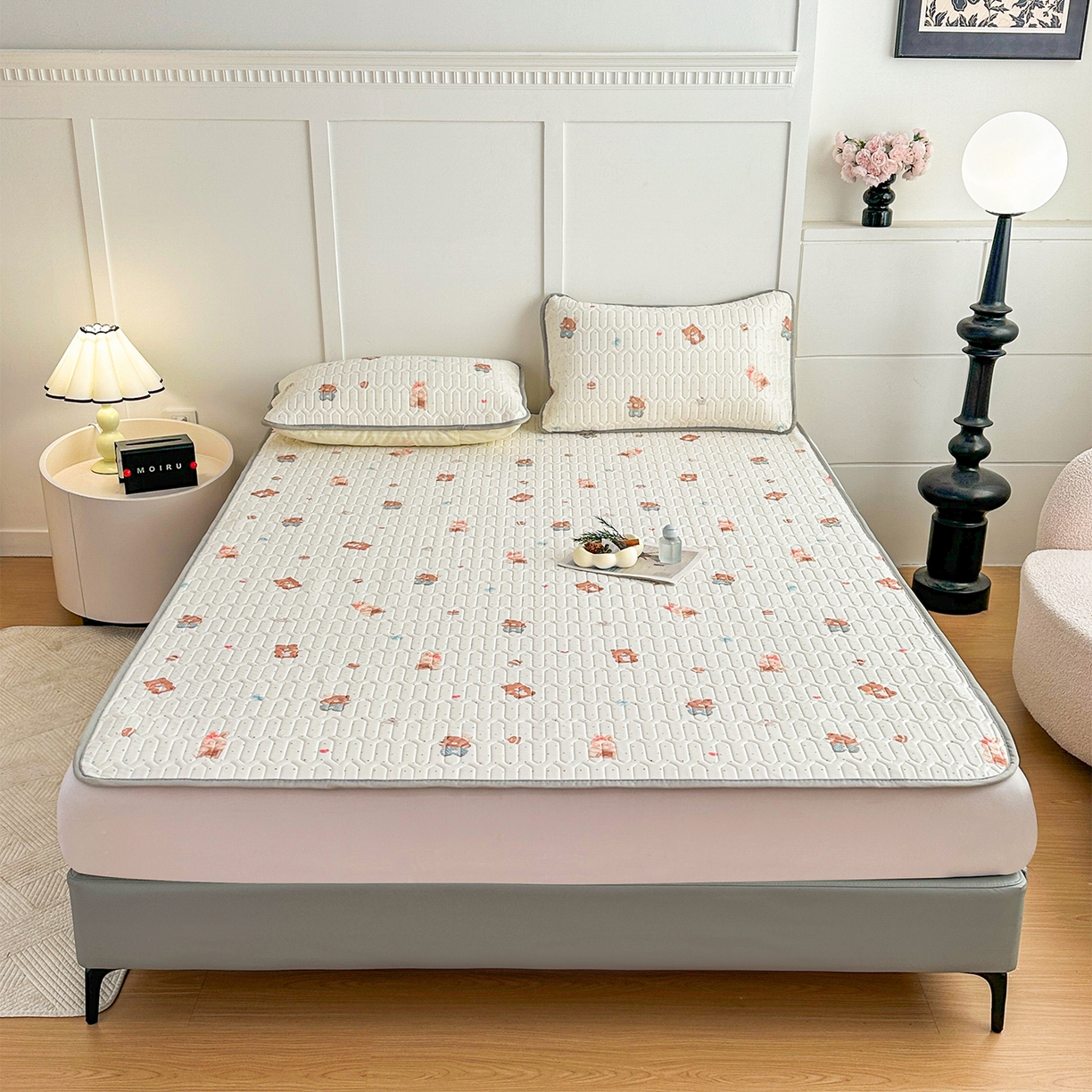 悦织湾家纺 2026新款床单款乳胶席三件套印花纯色冰丝凉感夏凉乳胶席子 饼干熊米