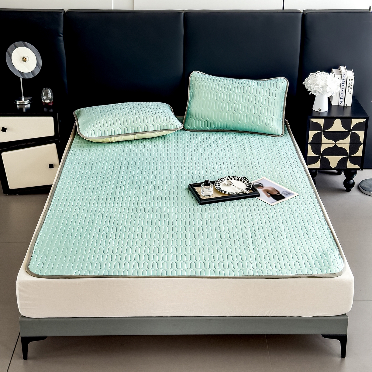 悦织湾家纺 2026新款床单款乳胶席三件套印花纯色冰丝凉感夏凉乳胶席子 果绿