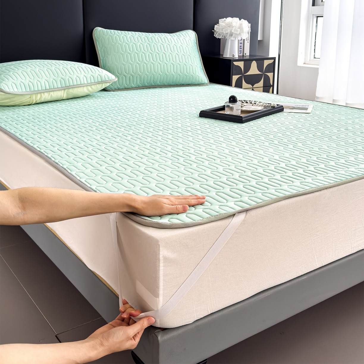 91家纺网 家纺一手货源 找家纺 悦织湾家纺 2026新款床单款乳胶席三件套印花纯色冰丝凉感夏凉乳胶席子 果绿